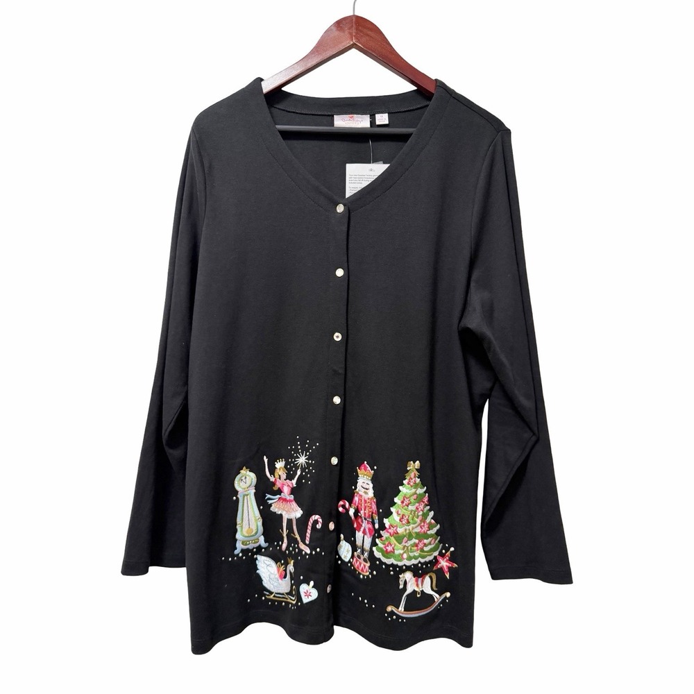 Quacker Factory Womens Christmas Embroidered Nutcracker Cardigan Size 1X Black